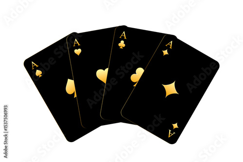 Golden playing cards set. Four black cards with golden ace symbols: spade, heart, club, and diamond. Elegant and modern casino-style poker deck design. Vector illustration on white background.