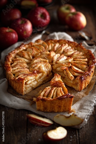 Delicious Apple Pie Served With Fresh Red Apples on a Rustic Wooden Table