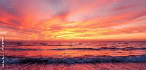 Fototapeta Naklejka Na Ścianę i Meble -  Fiery orange and pink sunset paints the sky above a tranquil ocean, waves gently lapping the shore,  evening,  dusk