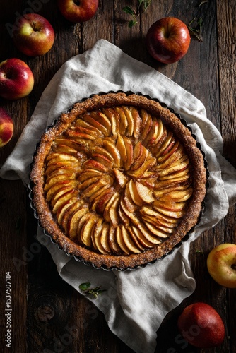 Delicious Apple Pie Served With Fresh Red Apples on a Rustic Wooden Table.