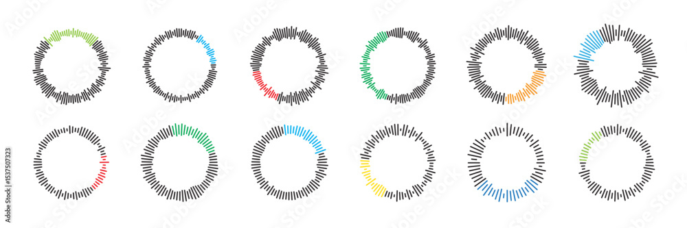 Fototapeta premium Circular sound waves set. Music waveforms. Radial audio waves. Round equalizer shapes. Geometric line pattern. Abstract vector illustration.