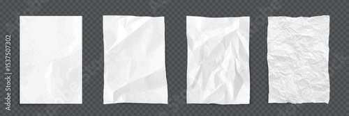Paper sheets with wrinkles texture. Set of white empty vertical pages with smooth, folded, and wrinkled surfaces. Realistic vector illustration for notes, posters, or design mockups.