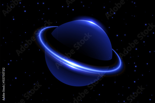 Glowing planet with luminous rings in outer space. Abstract illustration of a Saturn-like planet surrounded by stars on dark background. Futuristic cosmic vector illustration.