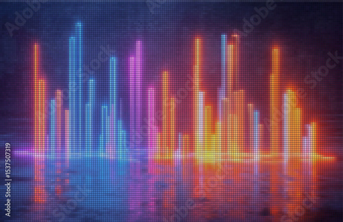 Abstract tech city background. Night colorful pixel urban landscape with glowing neon blue, pink, orange, and yellow lights. Digital vector illustration.