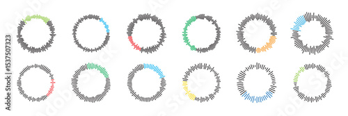 Circular sound waves set. Music waveforms. Radial audio waves. Round equalizer shapes. Geometric line pattern. Abstract vector illustration.