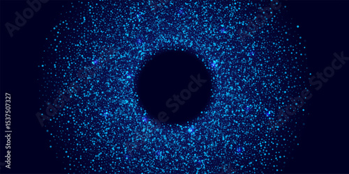 Abstract glowing dotted circular background. Blue particle ring made of small light dots on dark backdrop. Futuristic, cosmic, digital, tech design. Vector illustration.