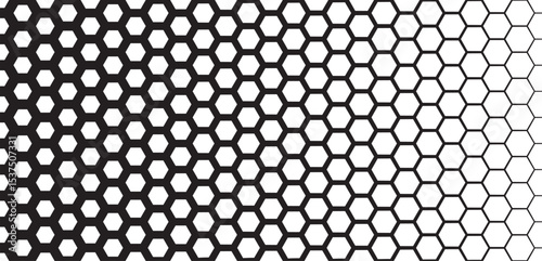 Hexagonal grid pattern with gradient line thickness. Black and white geometric honeycomb design transitioning from bold to thin outlines. Abstract vector illustration.