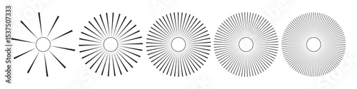Sun icons with radial rays. Set of sunburst and starburst elements with varying line thickness and density. Retro comic or vintage engraving style rays. Abstract vector illustration.