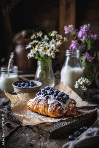 Blueberry Pastry Served on Rustic Wooden Table With Milk and Flowers in a Coz...