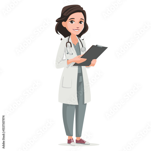 Cartoon female doctor character holding clipboard, vector illustration
