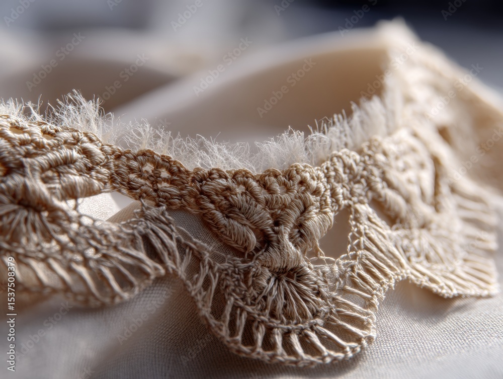 Fototapeta premium Intricate beige lace with textured embroidery and delicate frayed edges, displayed on soft, light fabric. The pattern features detailed, symmetrical designs, creating an elegant, vintage look