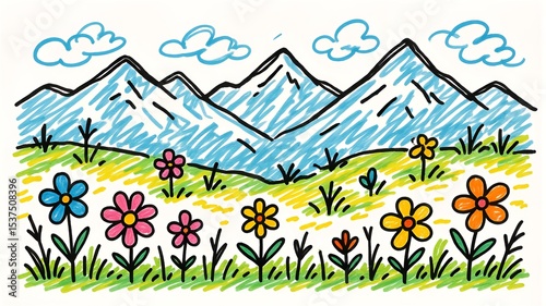 Colorful Childlike Drawing of a Mountain Landscape with Flowers and Clouds, Simple and Cheerful Illustration