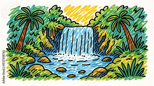 Vibrant Waterfall Scene with Palm Trees and Lush Greenery, Colorful Hand-Drawn Illustration