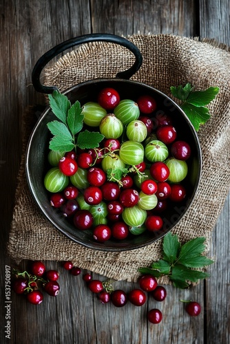 Freshly Harvested Cranberries and Gooseberries in Rustic Bowl on Wooden Table