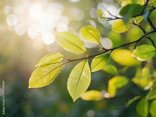 Green leaves on branch illuminated by sunlight, with a soft focus background featuring warm bokeh. Leaf edges are delicately serrated, casting gentle shadows