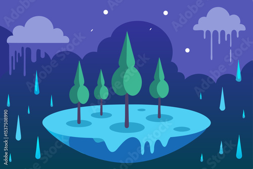 Enchanted Night Rainy Night, Floating Island, and Serene Trees Illustration
