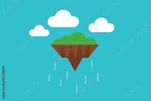 Floating Island in the Sky A Dreamy Illustration of Clouds, Rain, and Lush Greenery