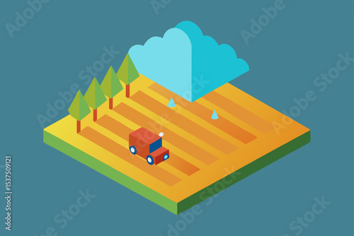 Isometric Illustration of a Farmland with Rain Clouds and a Delivery Truck