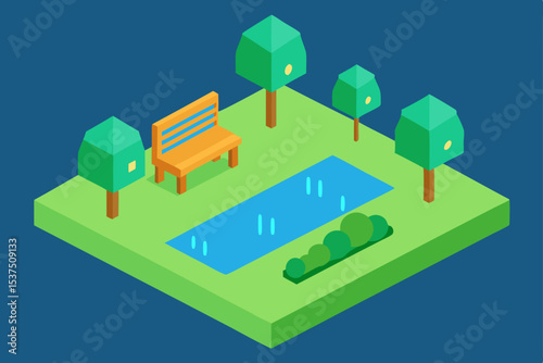 Serene Park Scene Isometric Illustration of a Tranquil Park with Bench and Pond