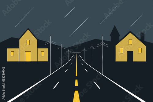 Rainy Night Drive Illuminated Houses on a Dark Country Road