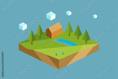 Isometric Illustration of a Cozy Cabin nestled in a serene forest landscape