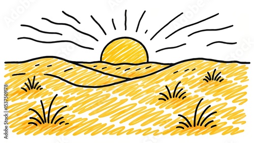 Simple Hand-Drawn Illustration of a Desert Landscape with Rising Sun and Sparse Vegetation