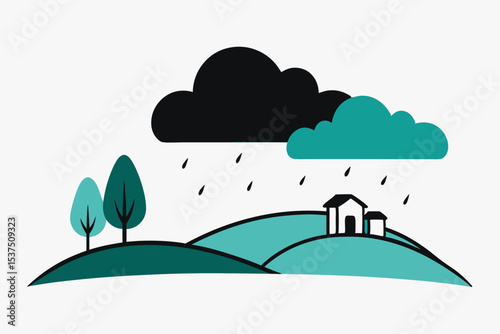 Rainy Day Landscape Serene Hills, Cozy House, and Falling Rain