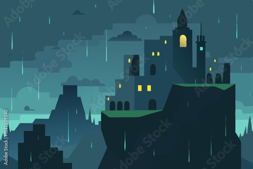 Rainy Night in a Cliffside City A Digital Illustration