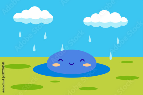 Happy Rainy Day Puddle A Cute Illustration of a Smiling Puddle in the Rain