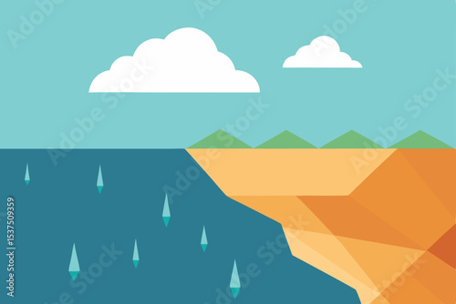 Coastal Landscape Illustration Ocean Meets Land, Rain and Cliffs