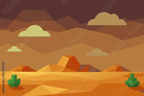 Low-poly Desert Landscape Arid Sunsets and Cactus Silhouette