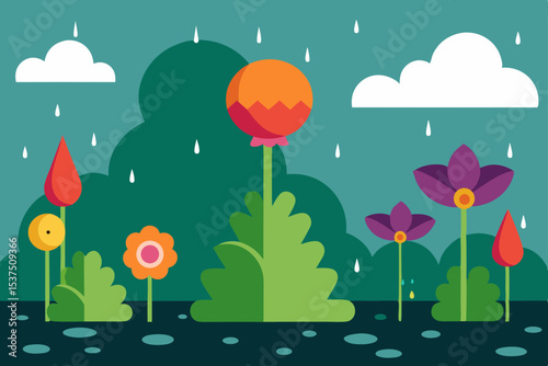 Rainy Day Delight A Vibrant Garden Illustration of Blooming Flowers