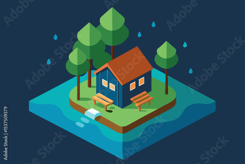 Isometric Illustration of a Cozy Cabin by the Lake Under the Rain