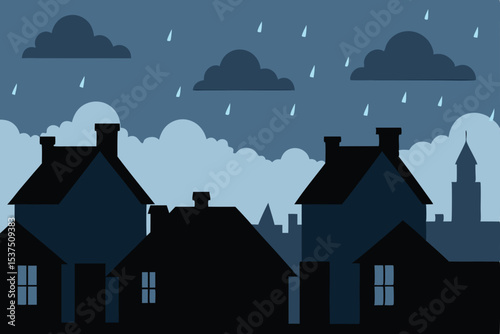 Rainy Night Cityscape Silhouette Houses and Dark Clouds
