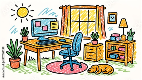 Cozy Home Office Illustration with Computer, Desk, Chair, Window, and Sleeping Dog in a Doodle Style