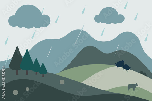Rainy Mountain Landscape Serene Hills, Cloudy Skies, and Gentle Rain