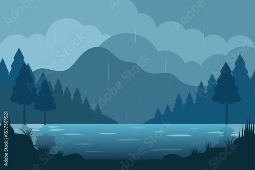 Serene Rainy Mountain Lake A Misty Landscape Illustration