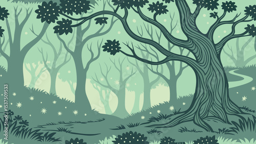 Misty forest path through whimsical trees with unique shapes and soft light creating an enchanting atmosphere Generative AI