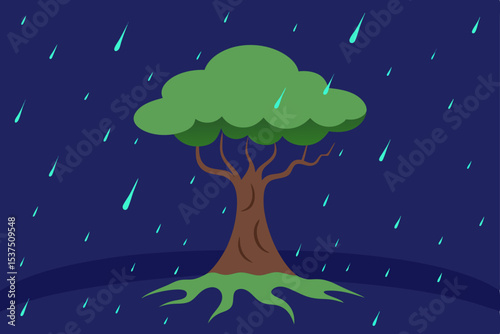 Serene Night Rain A Lone Tree Under Starry Shower