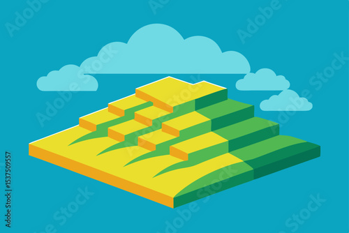 Isometric Illustration of Terraced Fields Under a Cloudy Sky Agriculture, Landscape, and Environmental Design