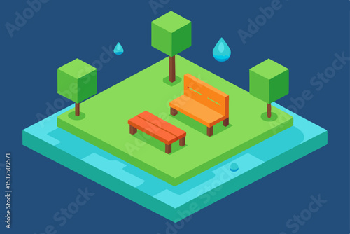 Serene Park Bench Isometric Illustration Relaxing Oasis Design