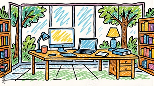 Cozy Home Office Setup with Bookshelves, Computer, Laptop and View to Nature, Hand Drawn Illustration