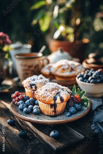 Delicious Blueberry Muffins on Rustic Table With Fresh Berries and Warm Tea i...