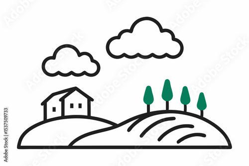 Serene Countryside Landscape Rolling Hills, Farm House, and Cypress Trees