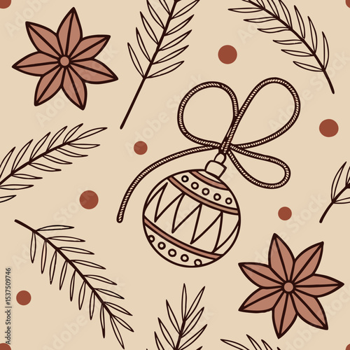 Festive holiday decorations with hand-drawn ornaments and floral elements on a warm beige background Generative AI