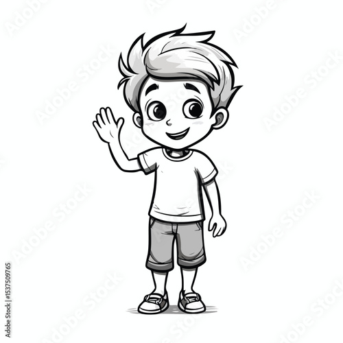 Professional image of a young boy greeting and smiling in black and white