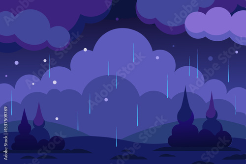 Night Rain A Serene Landscape Illustration of Purple Hues and Falling Rain