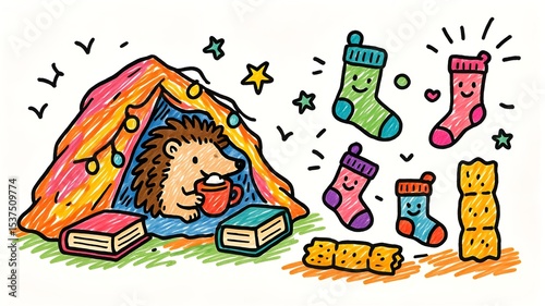 Cozy Hedgehog Camping Illustration with Books, Socks, and Marshmallows, a Whimsical Scene