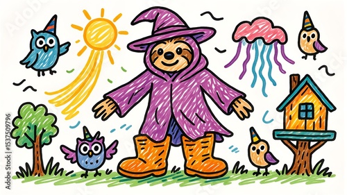 Cartoon Sloth Wizard with Birds, Sun, and Cloud in a Whimsical Landscape Illustration
