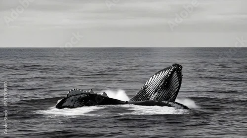 Whale Tail Emerging from Ocean Water in Striking Black and White